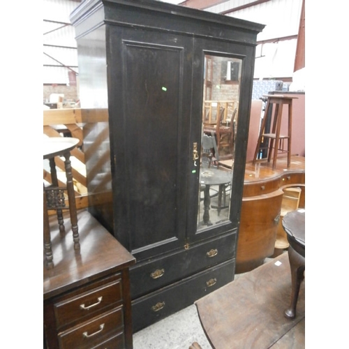 618 - Large ebonised wardrobe with mirrored door and 2 x lower drawers