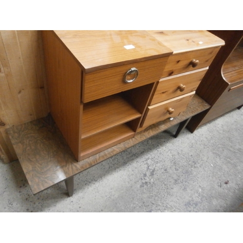 629 - Small 3 drawer pine chest, a bedside stand and a Formica coffee table