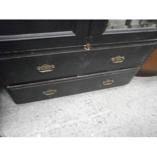 618 - Large ebonised wardrobe with mirrored door and 2 x lower drawers