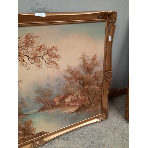 303 - Oil on canvas river side painting in gilt frame by  I Caffery (40x27 inch)