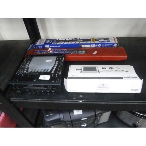 75 - Lot inc car stereo, laptop mate, warning triangle and window wipers