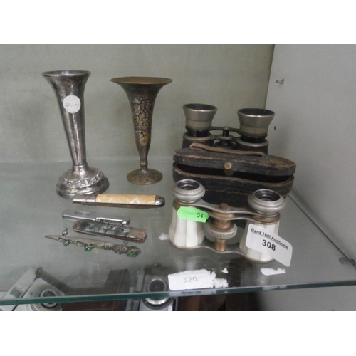 308 - Lot inc vintage opera glasses, two small vases, old penknives.