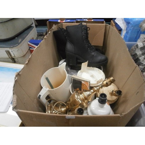 130 - Two boxes inc size 7 boots, toasters, ornaments, lamps, etc