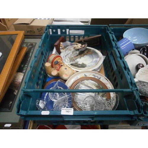 142 - Three crates and box containing decorative plates, ornaments, mugs, pens, vases, etc