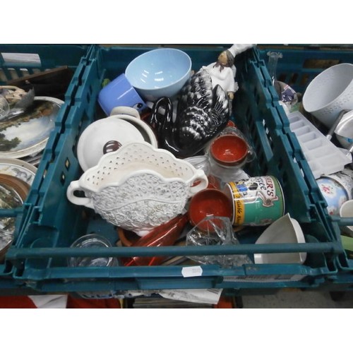 142 - Three crates and box containing decorative plates, ornaments, mugs, pens, vases, etc