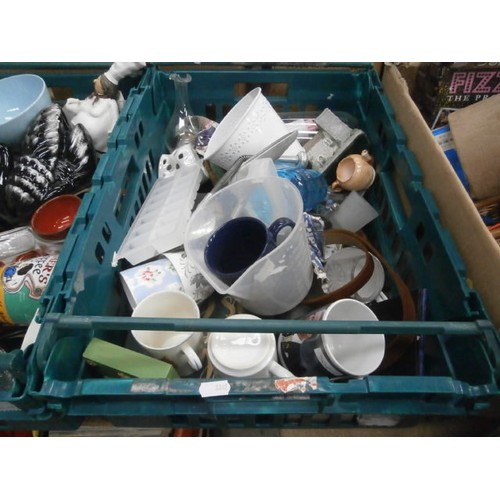 142 - Three crates and box containing decorative plates, ornaments, mugs, pens, vases, etc