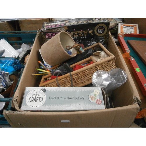 142 - Three crates and box containing decorative plates, ornaments, mugs, pens, vases, etc