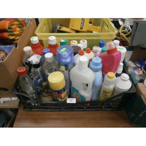 144 - Four boxes inc maintenance chemicals, tools, metal file drawer, torches, etc