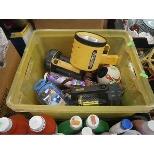 144 - Four boxes inc maintenance chemicals, tools, metal file drawer, torches, etc