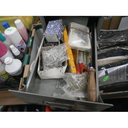 144 - Four boxes inc maintenance chemicals, tools, metal file drawer, torches, etc