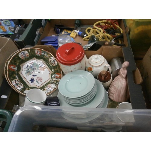 160 - Four boxes inc crockery, vases, lady figurine, patio drinks set, etc