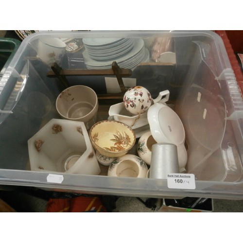 160 - Four boxes inc crockery, vases, lady figurine, patio drinks set, etc