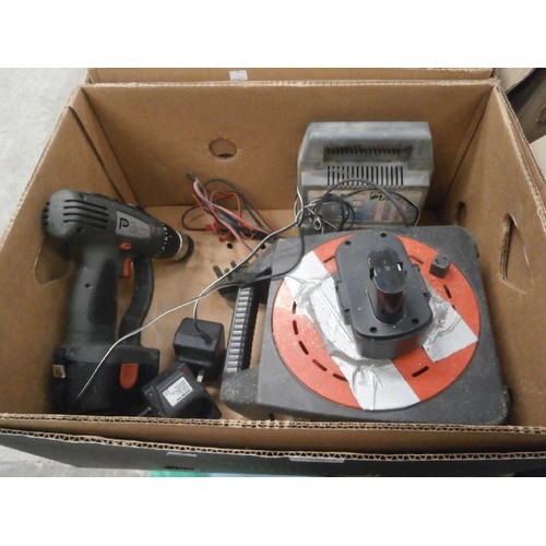 162 - Two boxes inc extension reel, battery chargers, Hammer drill, jump starter, etc. Jump starter powers... 