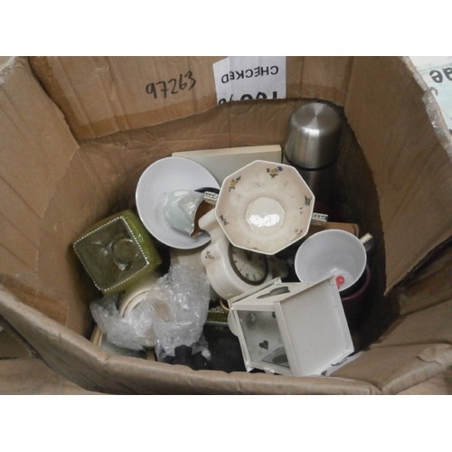 173 - Four boxes inc mugs, glass lampshades, lamp, CDs, clock, etc