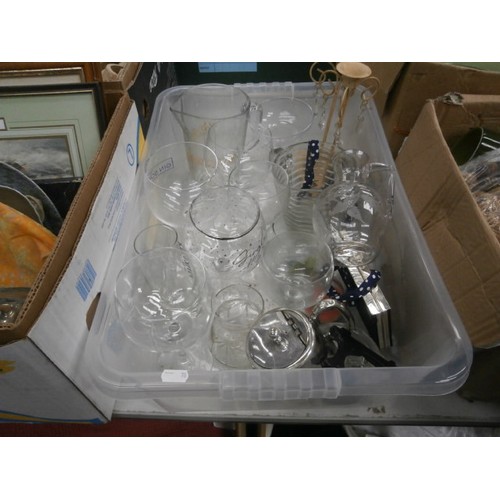 175 - Three boxes inc glassware, cork pots, artwork, ornamental figurine, etc