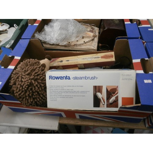 192 - Four boxes inc Rowenta steam brush, Canon compact photo printer, toaster, picture frames, etc