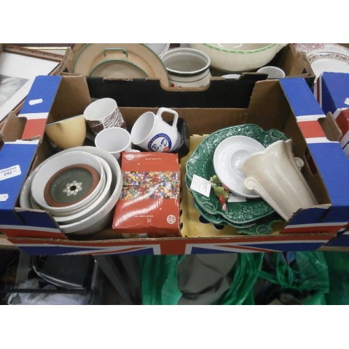 242 - Four boxes inc decorative plates, Emoji cups, Grindley casserole bowl, Royal Doulton bowls, Woods pl... 