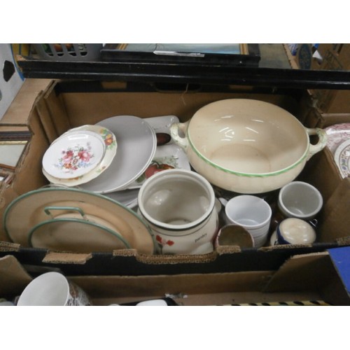 242 - Four boxes inc decorative plates, Emoji cups, Grindley casserole bowl, Royal Doulton bowls, Woods pl... 