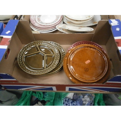 242 - Four boxes inc decorative plates, Emoji cups, Grindley casserole bowl, Royal Doulton bowls, Woods pl... 