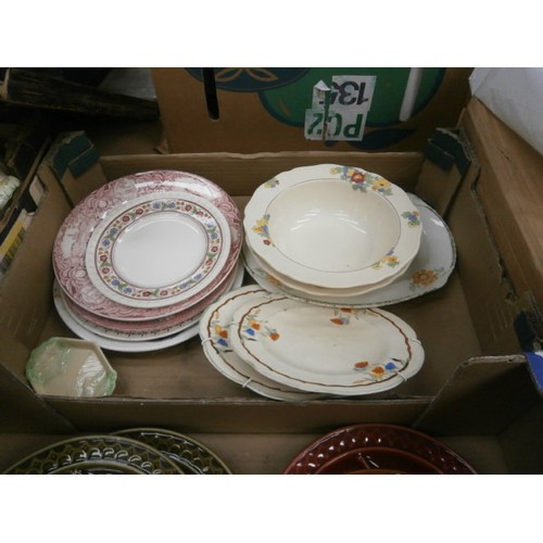 242 - Four boxes inc decorative plates, Emoji cups, Grindley casserole bowl, Royal Doulton bowls, Woods pl... 