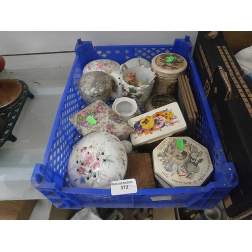 372 - Two boxes inc ornaments, keepsake tins, jug, Wade Whimsies, brass dish, etc