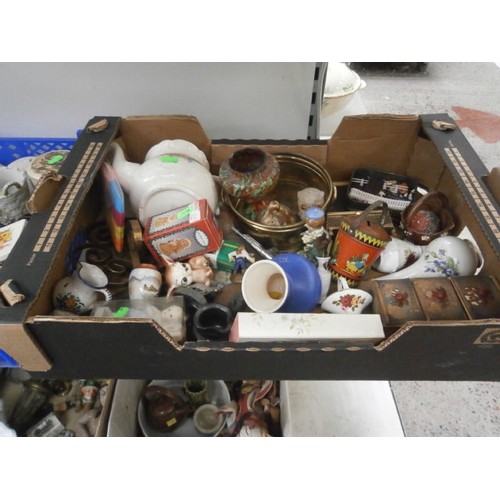 372 - Two boxes inc ornaments, keepsake tins, jug, Wade Whimsies, brass dish, etc