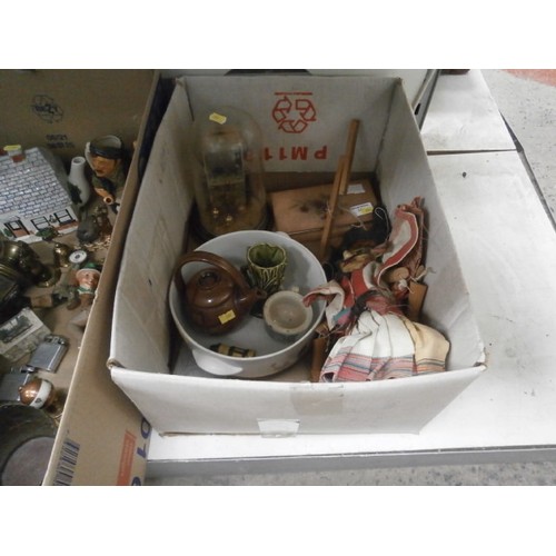 373 - Two boxes inc brass ornaments, Hindu puppet, petrol lighters, dome clock, etc