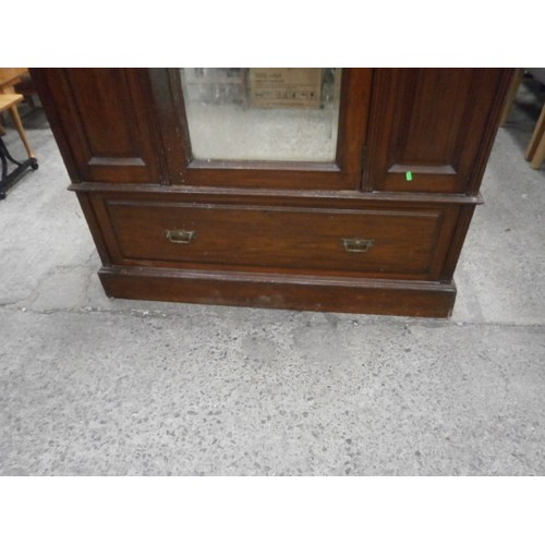 638 - Large vintage mahogany wardrobe with mirrored door and lower drawer