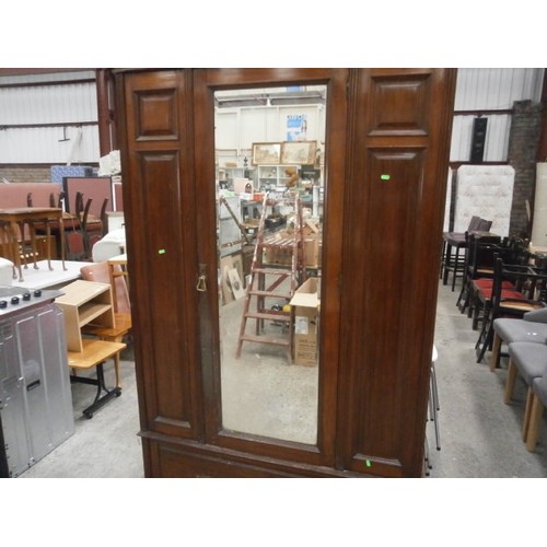 638 - Large vintage mahogany wardrobe with mirrored door and lower drawer