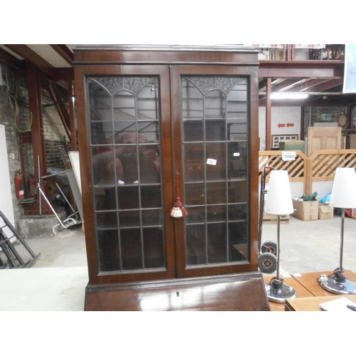 684 - Vintage mahogany lead glazed fall front 3 drawer bureau bookcase