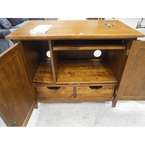 690 - Small modern 2 door pull out desk in a cupboard, with drawers and shelves, good quality