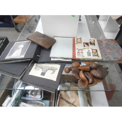 319 - Lot inc vintage autograph book, cigarette card albums, old photographs, carved wooden fruits