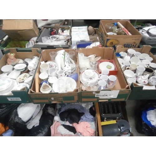 121 - Four boxes inc bone china pieces, mugs, glassware, teapot, etc