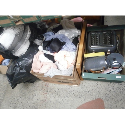 132 - Lot inc clothing, home furnishings, toaster, kettle, etc