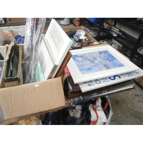 134 - Box and stack of assorted artwork, etc