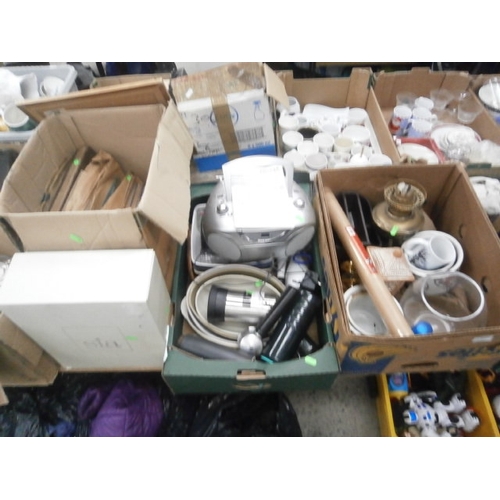 137 - Four boxes inc glassware, baking dishes, Hitachi stereo, paraffin lamp, Gramophone records, etc