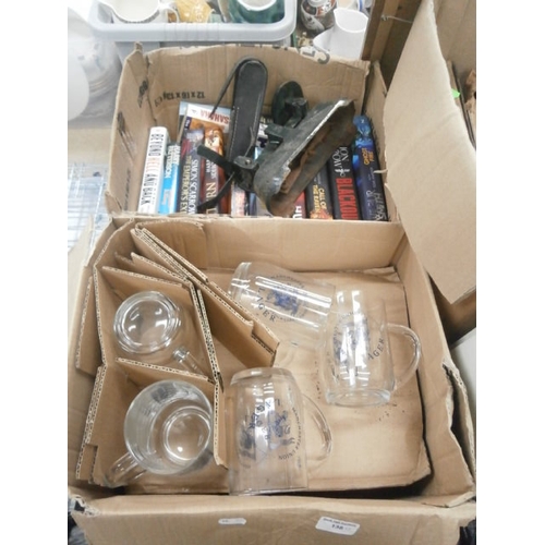 138 - Two boxes inc glass tankards, books, vintage scales, etc