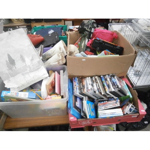 140 - Four boxes inc stationary, DVDs, console games, toys, wallpaper, etc