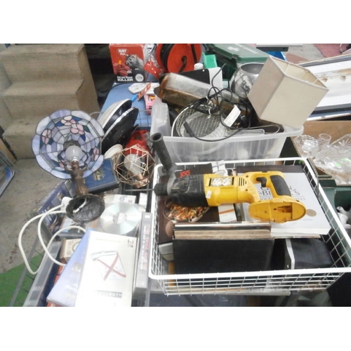 149 - Three boxes inc books, lamps, Videos, drill, etc