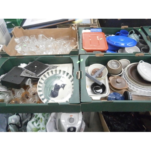 150 - Four boxes inc glassware, plastic crockery, stoneware dishes, etc