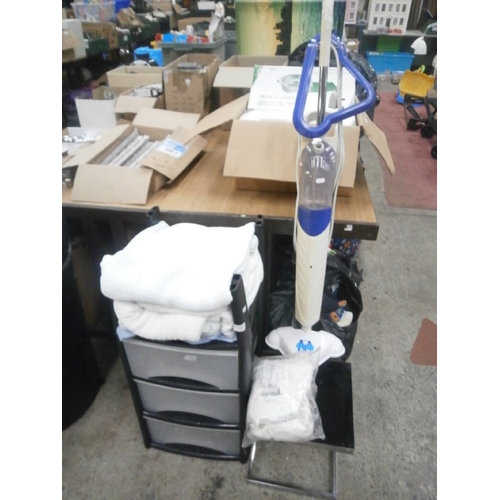 167 - Lot inc plastic storage unit, steam cleaner, small glass top table, etc