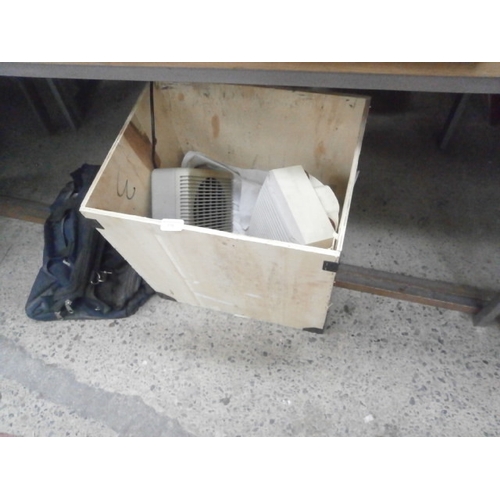 179 - Lot inc wooden storage box, fan heaters, trolley wheels, etc
