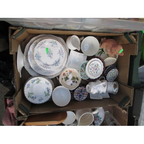 121 - Four boxes inc bone china pieces, mugs, glassware, teapot, etc