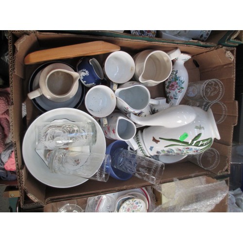121 - Four boxes inc bone china pieces, mugs, glassware, teapot, etc