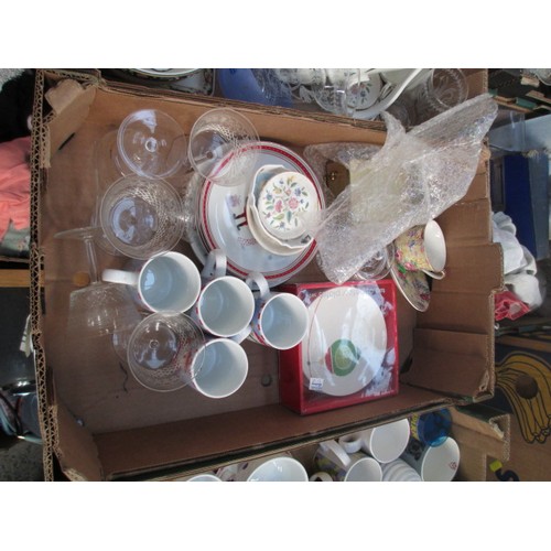 121 - Four boxes inc bone china pieces, mugs, glassware, teapot, etc