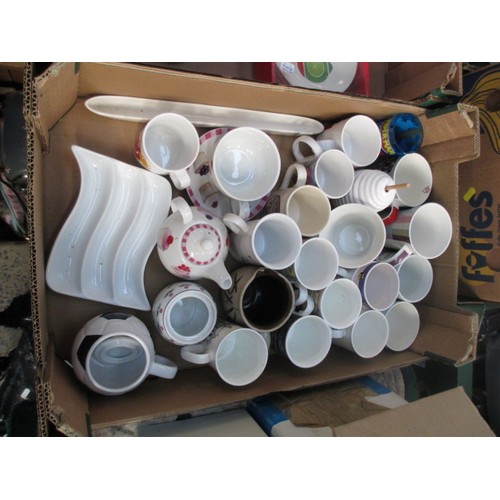 121 - Four boxes inc bone china pieces, mugs, glassware, teapot, etc