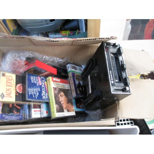 122 - Lot inc rug, paper shredder. tapes, car tape deck, etc
