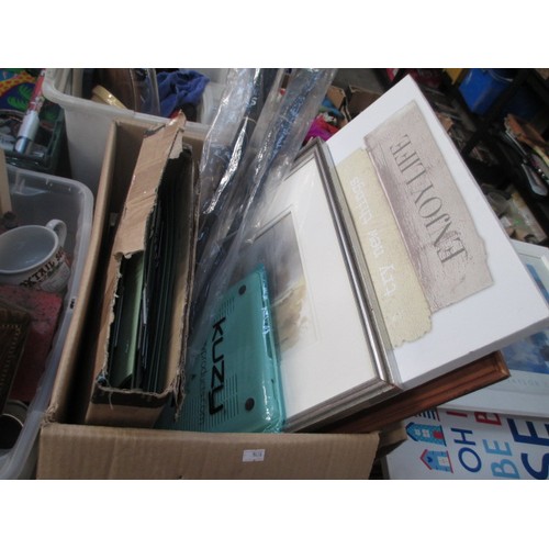 134 - Box and stack of assorted artwork, etc