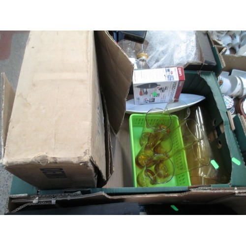 136 - Four boxes inc glassware, photo albums, books, carving set, etc