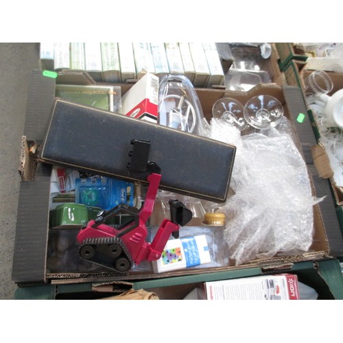 136 - Four boxes inc glassware, photo albums, books, carving set, etc